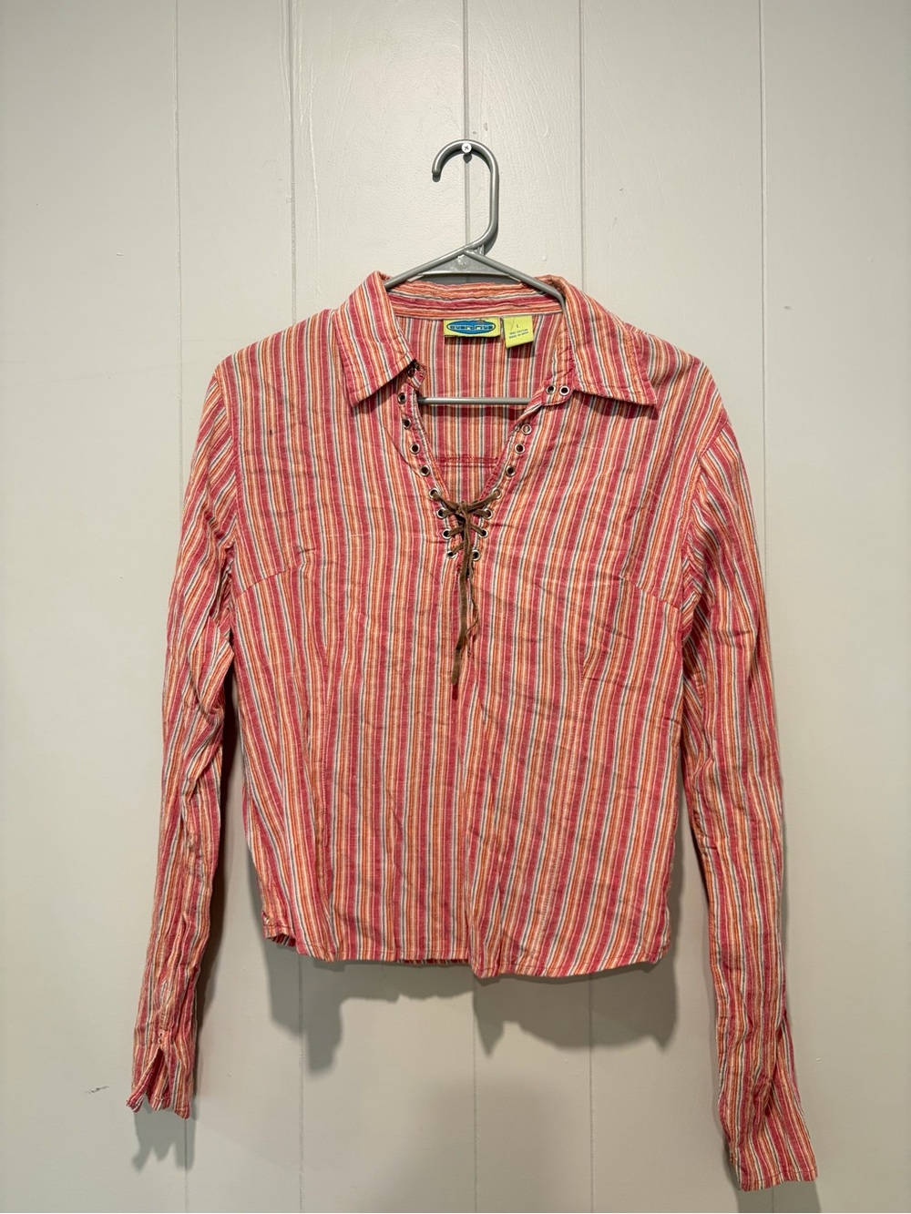 Lace-Up Striped Button-Down Shirt in Pink